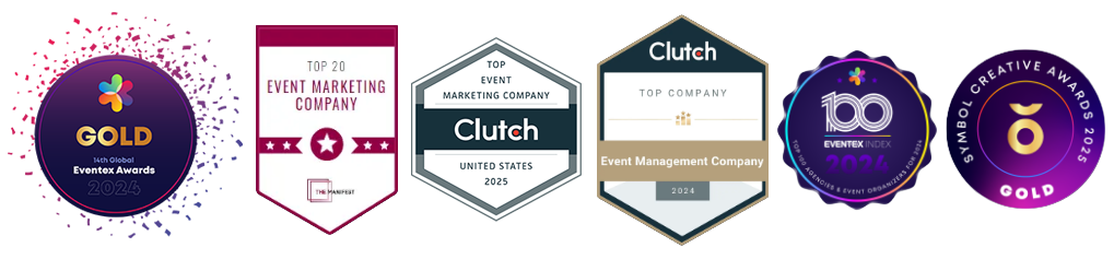 Award badges: Eventex Gold 2024, The Manifest Top 20 Event Marketing Company, Clutch Top Event Marketing Company 2025, Clutch Top Event Management Company 2024, Eventex Index 100 2024, and Symbol Creative Awards Gold 2025
